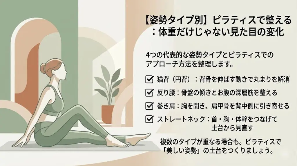 【姿勢タイプ別】猫背・反り腰・巻き肩・ストレートネックへのアプローチ_まとめ画像
