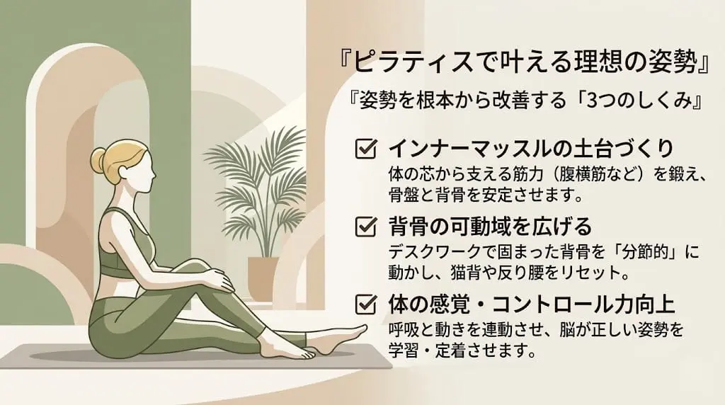 ピラティスが姿勢改善に働く3つのしくみ_まとめ画像
